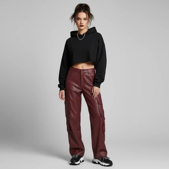 TEREA Pants - Y2K Grunge Women's NWT Vegan Leather Cargo Pants High Rise Dark Cherry Size XXS